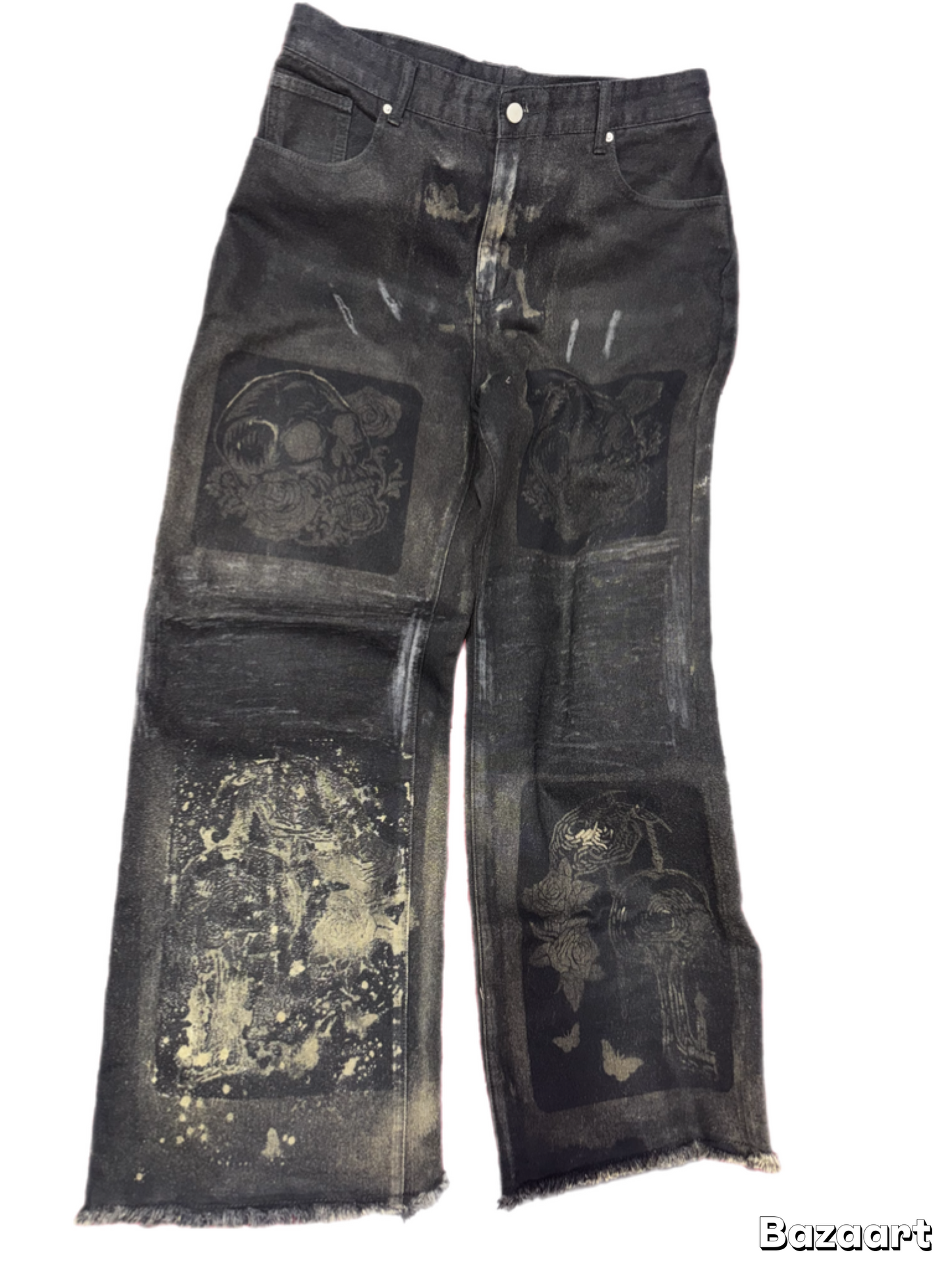 BuyMoor Essential denim jean Street Luxury Edition this is a unique 1 of 1 pair of upcycled denim jeans with decorative patches featuring ornate designs.