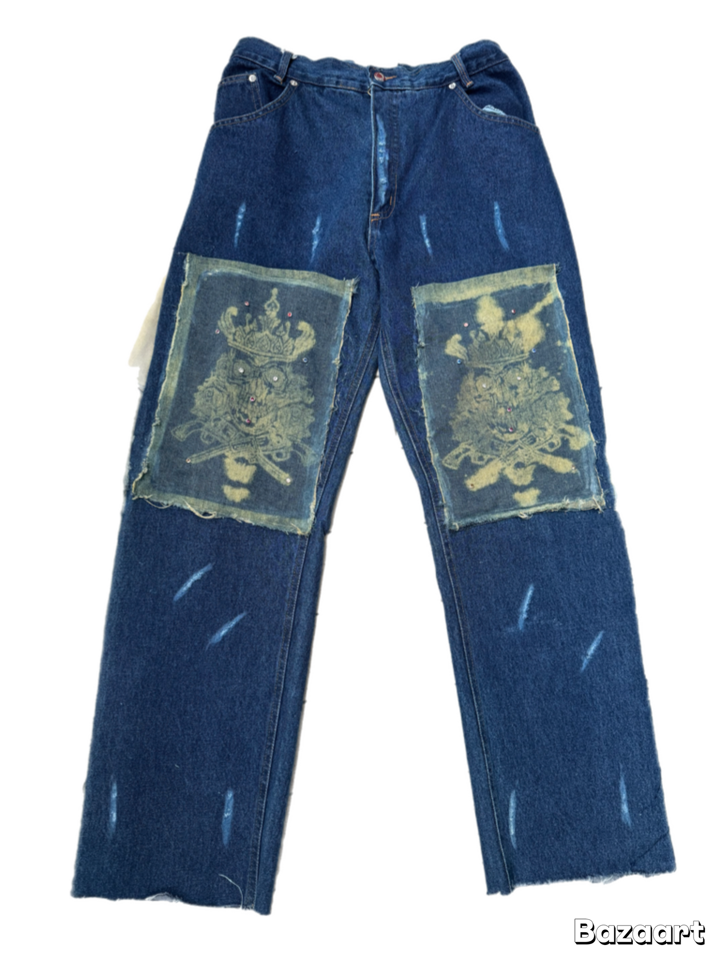 BuyMoor Essential denim jean Street Luxury Edition this is a unique 1 of 1 pair of upcycled denim jeans with decorative patches featuring ornate designs.