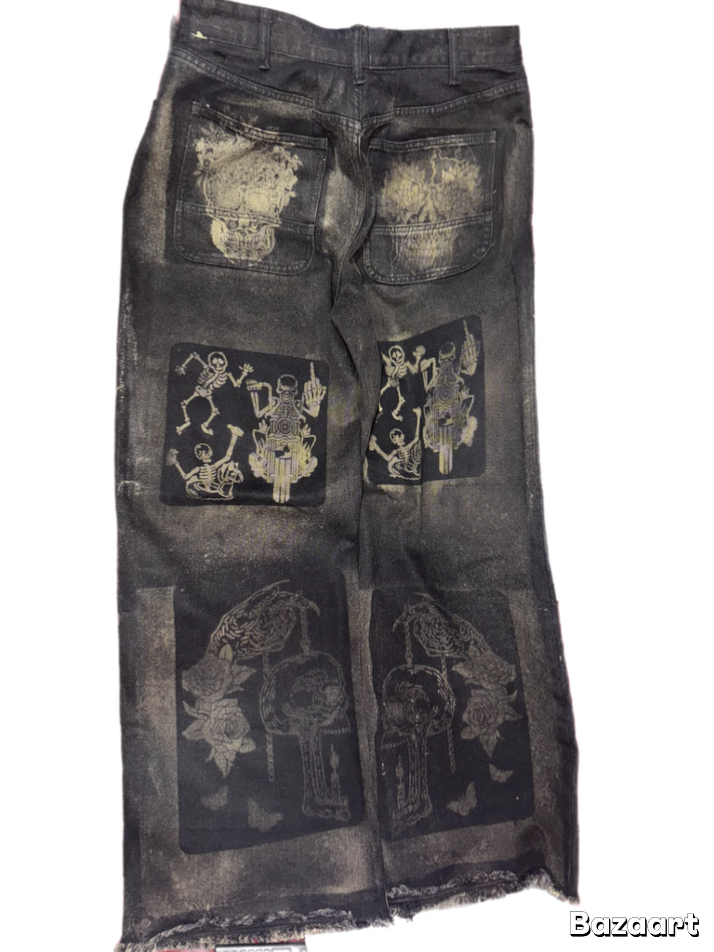 BuyMoor Essential denim jean Street Luxury Edition this is a unique 1 of 1 pair of upcycled denim jeans with decorative patches featuring ornate designs.