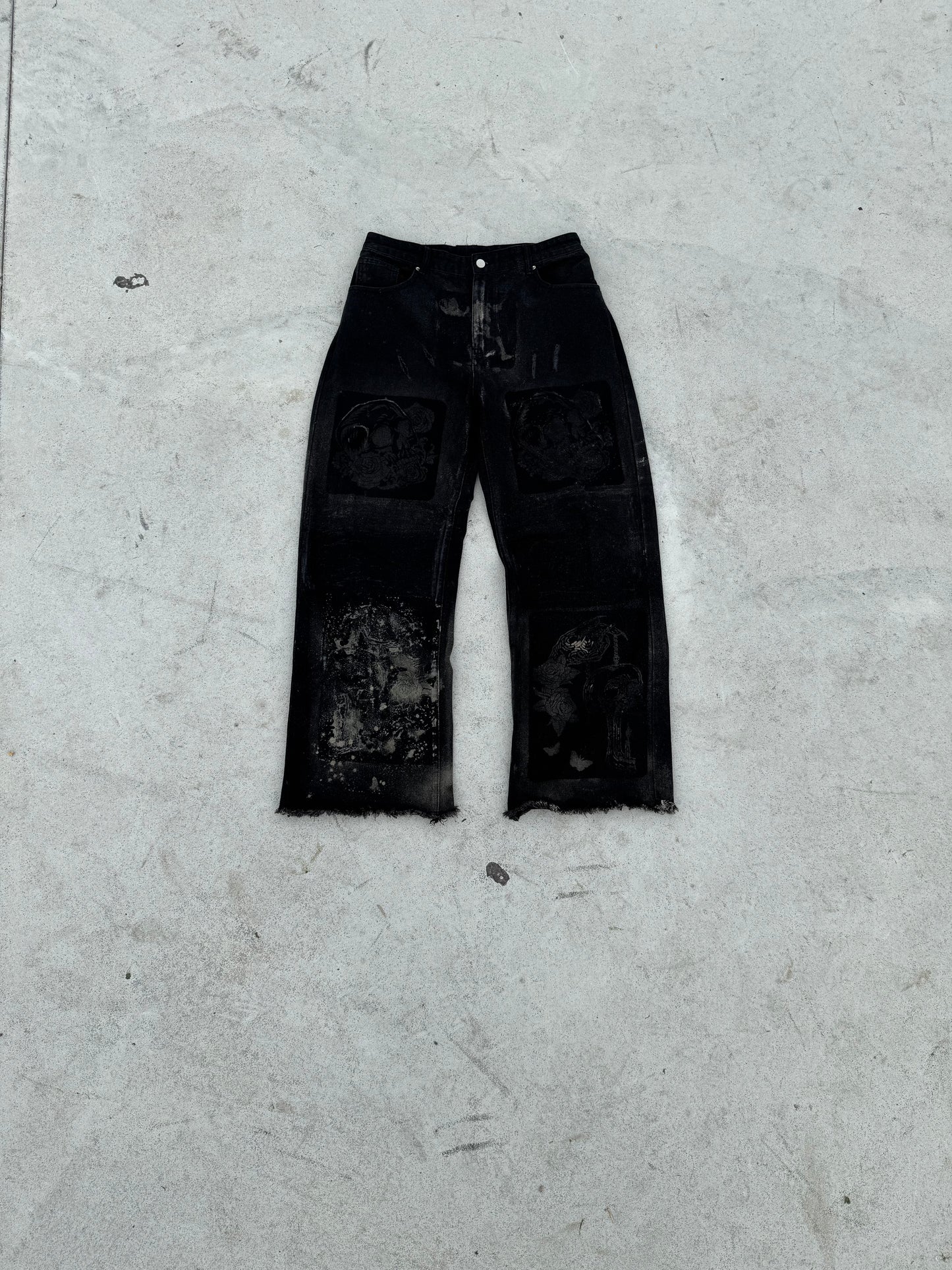 BuyMoor Essential denim jean Street Luxury Edition this is a unique 1 of 1 pair of upcycled denim jeans with decorative patches featuring ornate designs.