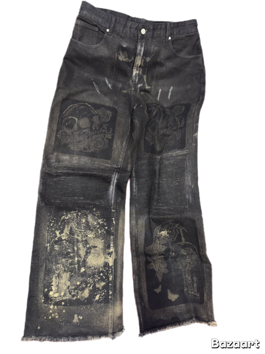 BuyMoor Essential denim jean Street Luxury Edition this is a unique 1 of 1 pair of upcycled denim jeans with decorative patches featuring ornate designs.