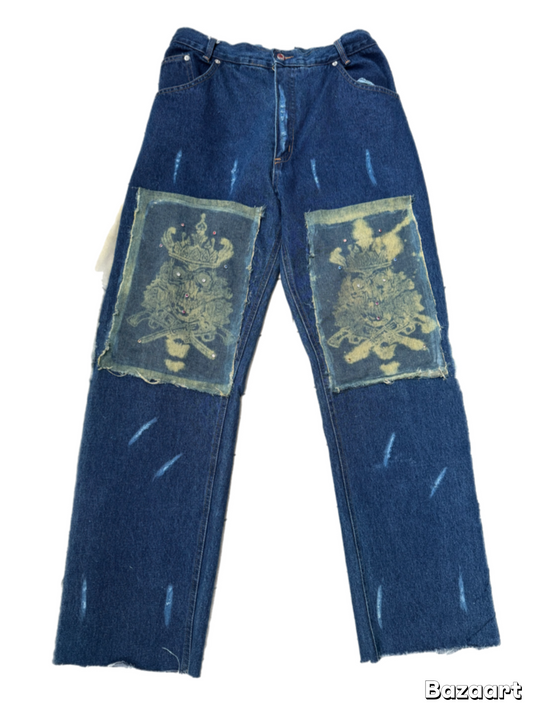 BuyMoor Essential denim jean Street Luxury Edition this is a unique 1 of 1 pair of upcycled denim jeans with decorative patches featuring ornate designs.