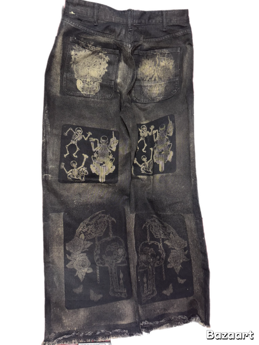 BuyMoor Essential denim jean Street Luxury Edition this is a unique 1 of 1 pair of upcycled denim jeans with decorative patches featuring ornate designs.